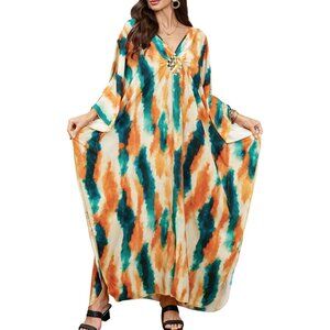 Women Apricot Tie Dye Vneck Batwing Sleeve Flowy Split Hem Bohemian Kaftan Dress